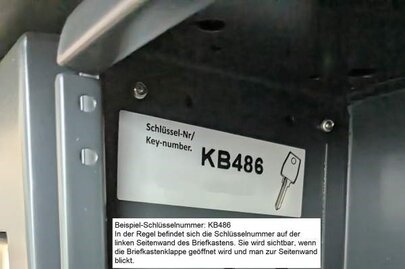 Das Bild zeigt einen Aufkleber in einem Postkastenfach, der die zugehörige Schlüsselnummer beschreibt.