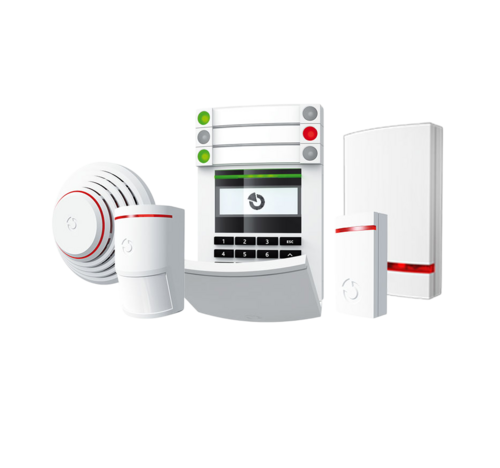 Ein Bild, das alle gängigen Bestandteile einer Alarmanlage darstellt.
