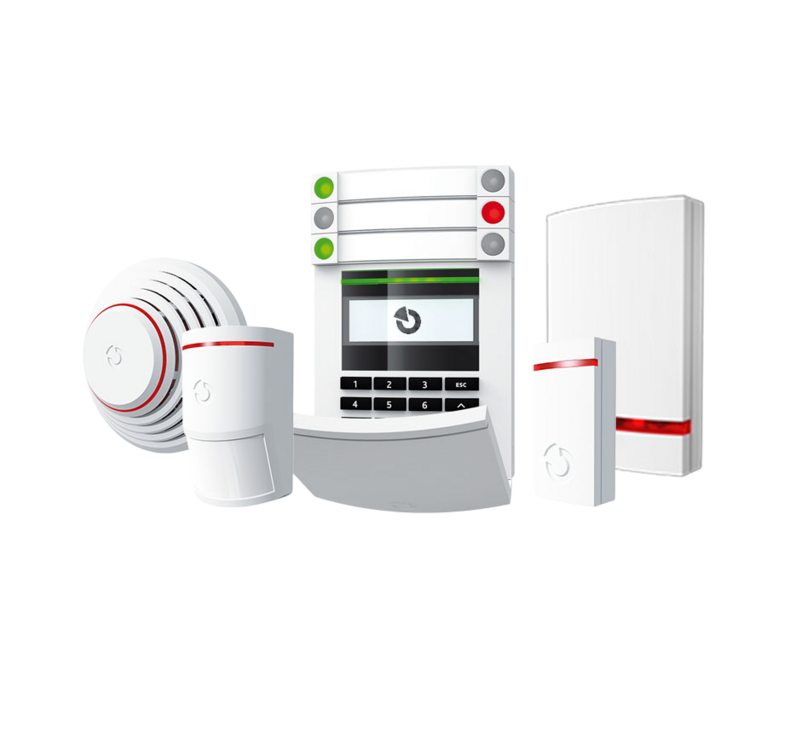 Ein Bild, das alle gängigen Bestandteile einer Alarmanlage darstellt.